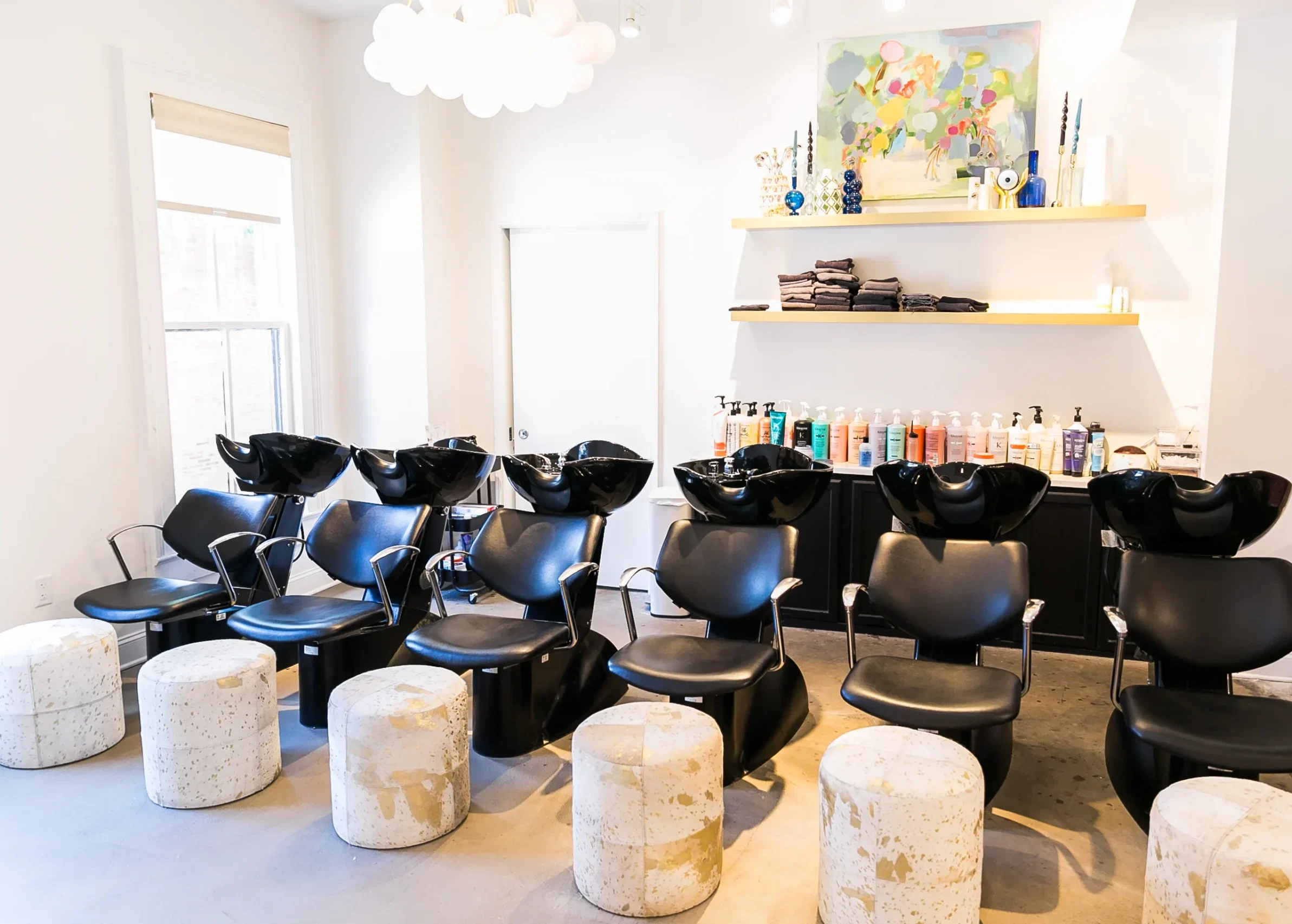 Shampoo stations inside Tribe Hair Company in Athens